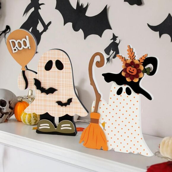 Halloween Decorations Indoor, 2 Pack Cute Wooden Halloween , Witchy Ghost with B - Picture 2 of 9